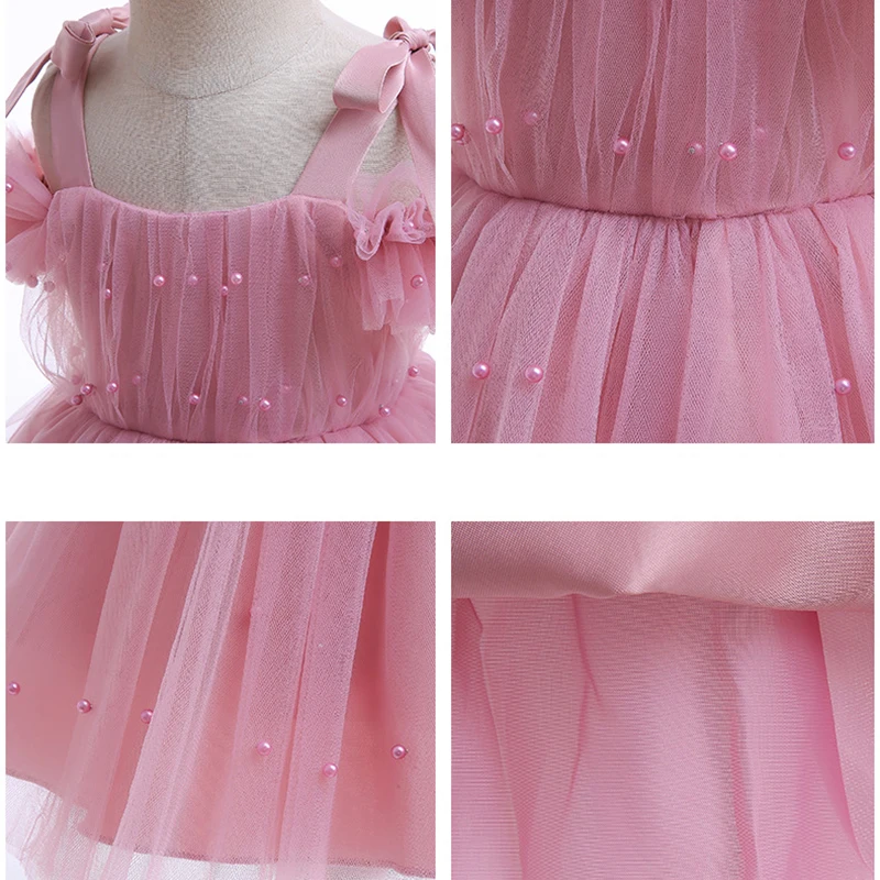 2024 New Baby Girls Dress Summer Mesh Bow Sling Little Princess Gown Dress Children\'s Performance Costume 1-5 Years Kids Clothes