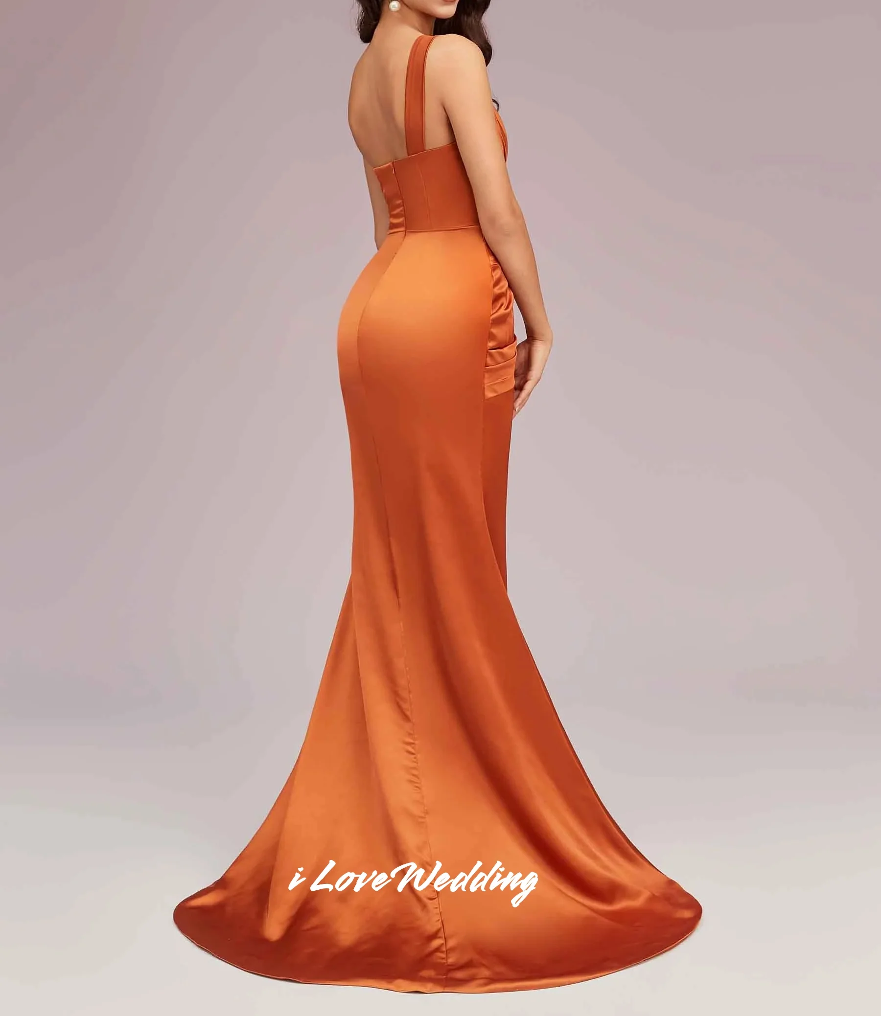 Vestido de dama de honor naranja con un hombro, vestido de fiesta plisado sin mangas, sin espalda, sirena dividida hasta el suelo, personalizado, 2025