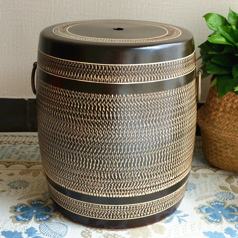 Antique Ceramic Drum Stool, Handmade Vintage Guzheng Bench with Square Seat, Decorative Drum-Shaped Ottoman for Living Room