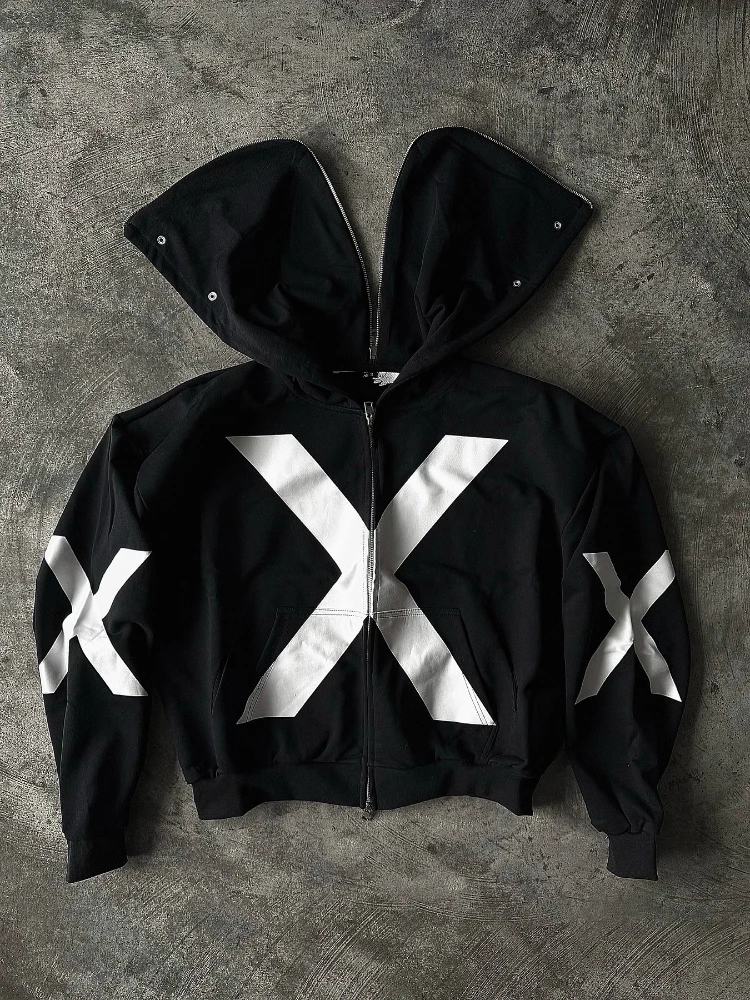 Trendy brand dark style casual loose top printed design hooded cardigan personalized high street printed hoodie ins