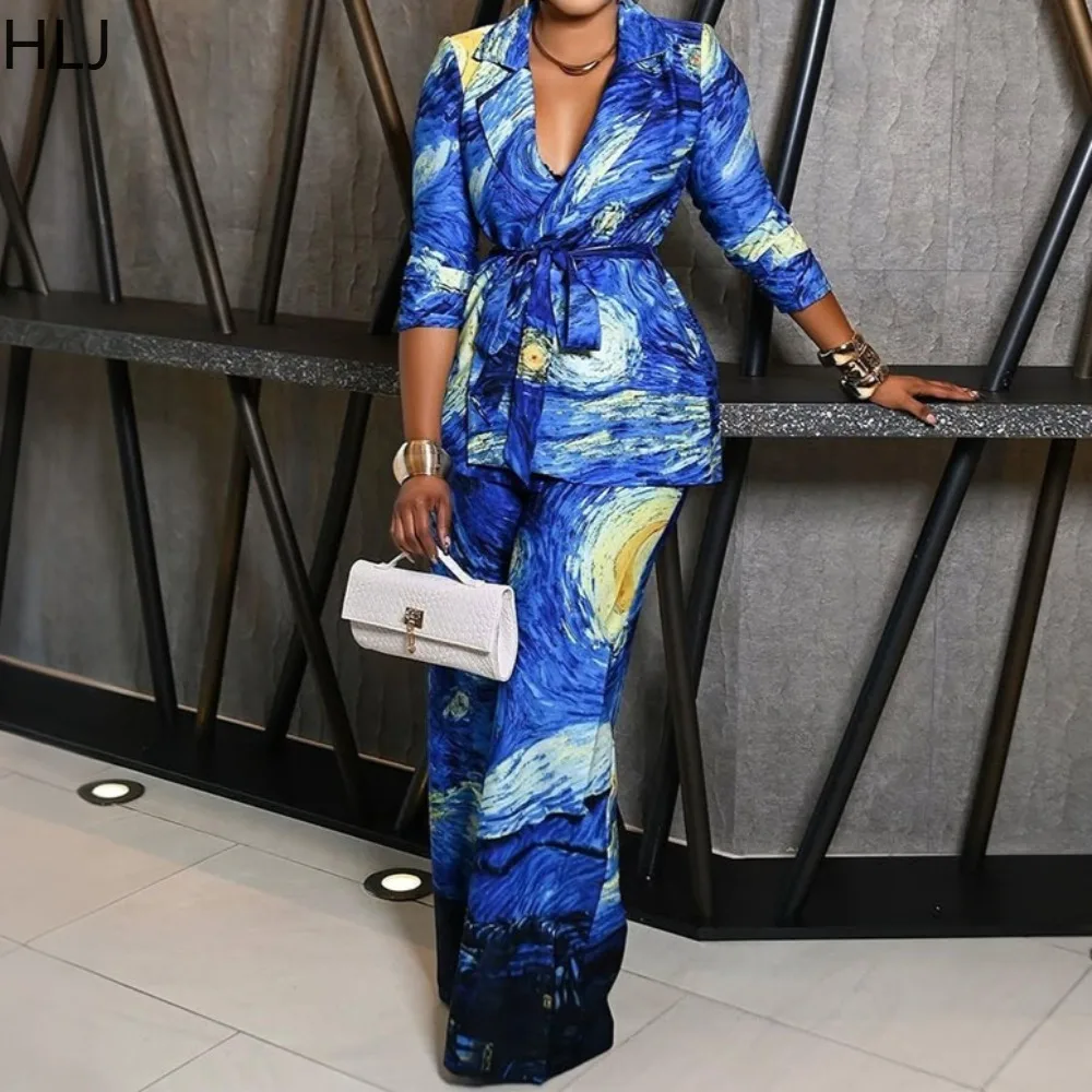 

HLJ Fashion Floral Print Two Piece Outfits Woman Color Block Deep V-neck Long Sleeves Top and Wide-leg Pants Female Streetwear