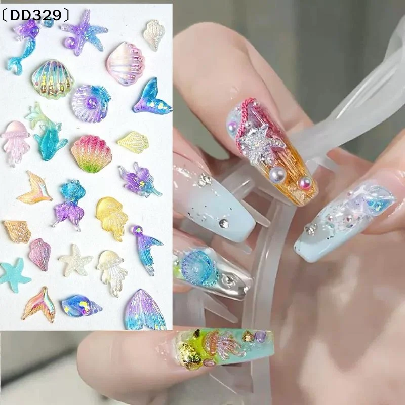 50PCS 3D Conch Shell Nail Charms Colorful Jellyfish Ocean Resin Translucent DIY Nail Art Decorations〔DD329〕