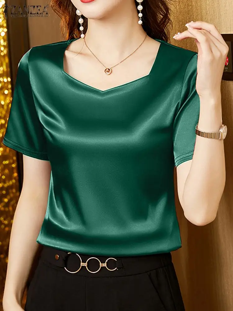 ZANZEA Summer Office Lady Blouse Fashion Women Solid OL Work Shirt Casual Blusas Chemise Elegant Short Sleeve Satin Tops 2024