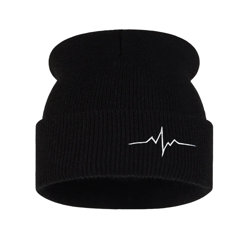 Heartbeat and Pulse Embroidered Knit Beanie—Unisex, Lightweight Pull-Over Beanie for Everyday Street Style and Holiday Parties