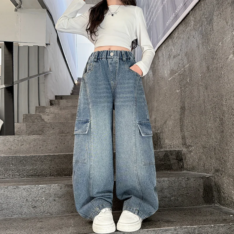 

Girls Cargo Pants Autumn Big Kids Casual Denim Pants SpringAutumn Teenage Joggers Trousers Children Streetwear Knife Baggy Pants
