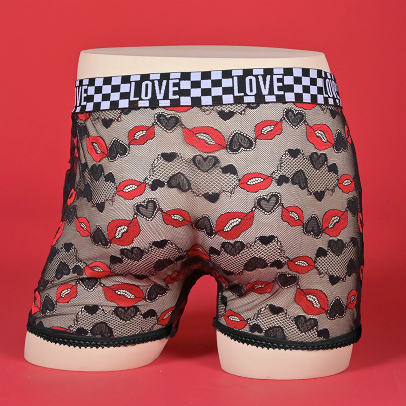 رجل مثير انظر من خلال الملابس الداخلية الشفاه نمط الأزهار تفريغ الدانتيل سراويل بوكسر حزام مطاط الانتفاخ الحقيبة سراويل داخلية