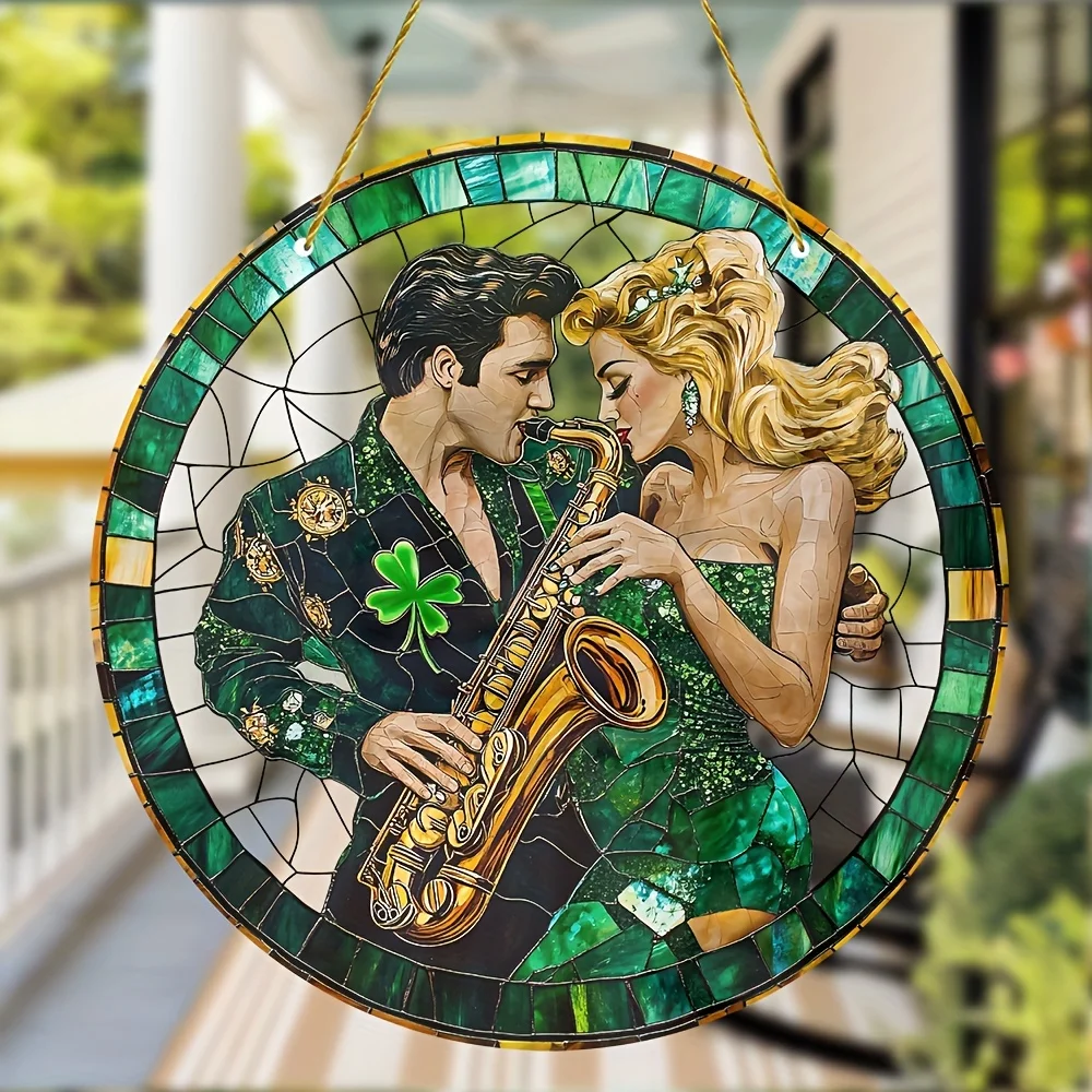 Guitarist Drum Kit Sun Catcher-Round Acrylic Music Themed Translucent Wall Art,Home,Garden,Cafe Bar Decor,Gift for Enthusiasts