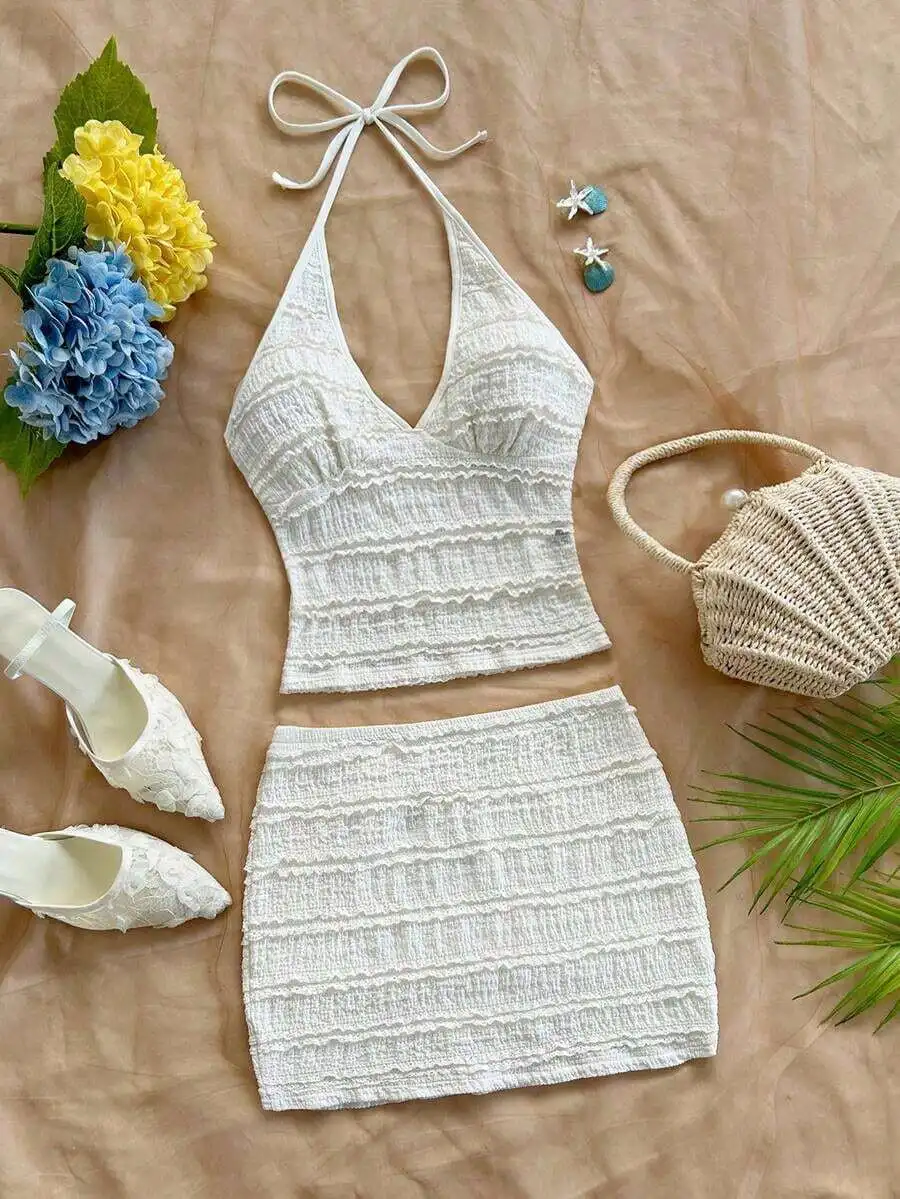 Womens 2-Piece Vacation Set: Halter Neck Floral Top & Matching Skirt, Beach Summer Outfit view 4