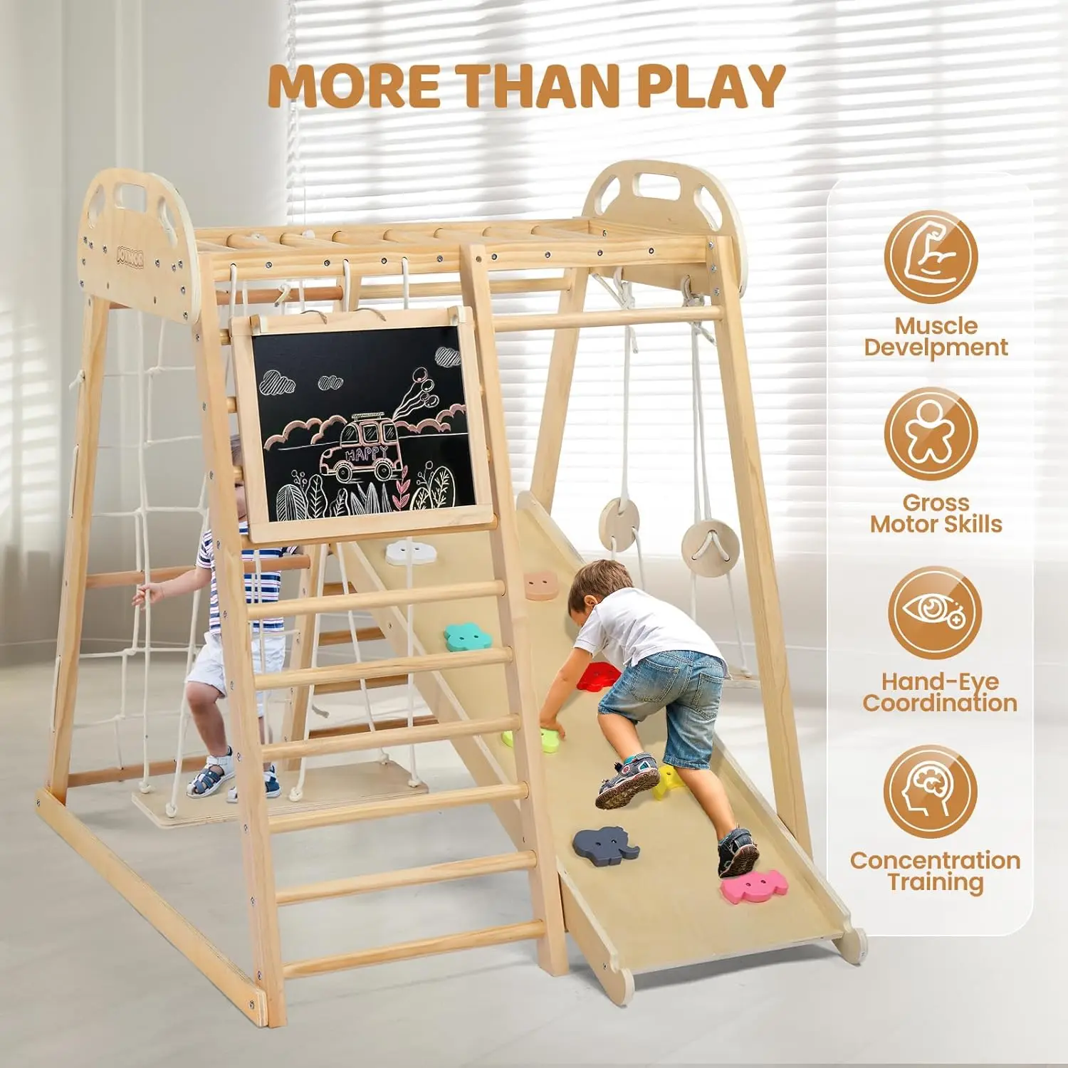 8-in-1 Indoor Jungle Gym voor kinderen en peuters met hangende brug en schommel, houten binnenspeeltuin met glijbaan, schoolbord, L