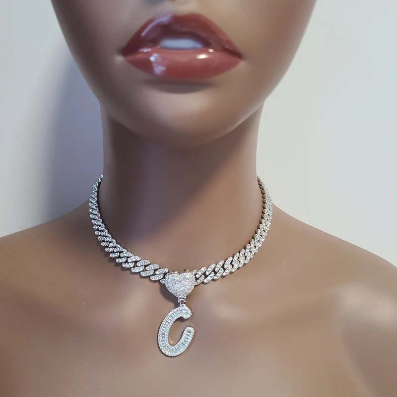 Iced Out Baguettecz Cubic Zirconia Initial Letter Pendant  with  Cuban Chain Necklace Hiphop Punk Jewelry For Gift