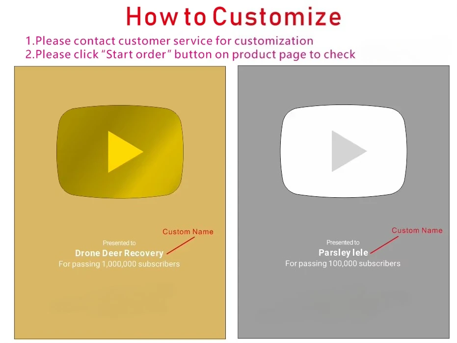 

Gold Customized Name You Tube Play Button Awards Plaque, custom You Tube Awards Customized Content