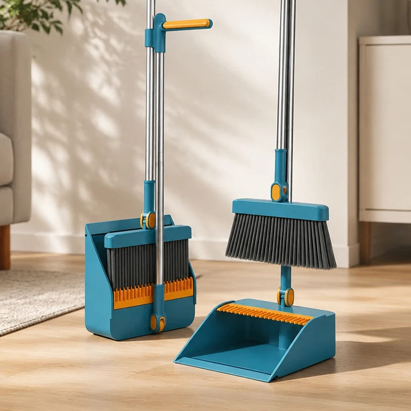 Long Handle Broom & Dustpan Set 180° Rotatable Stiff Bristles with Scraping Teeth Buckle Storage for Home Kitchen Floor Cleaning