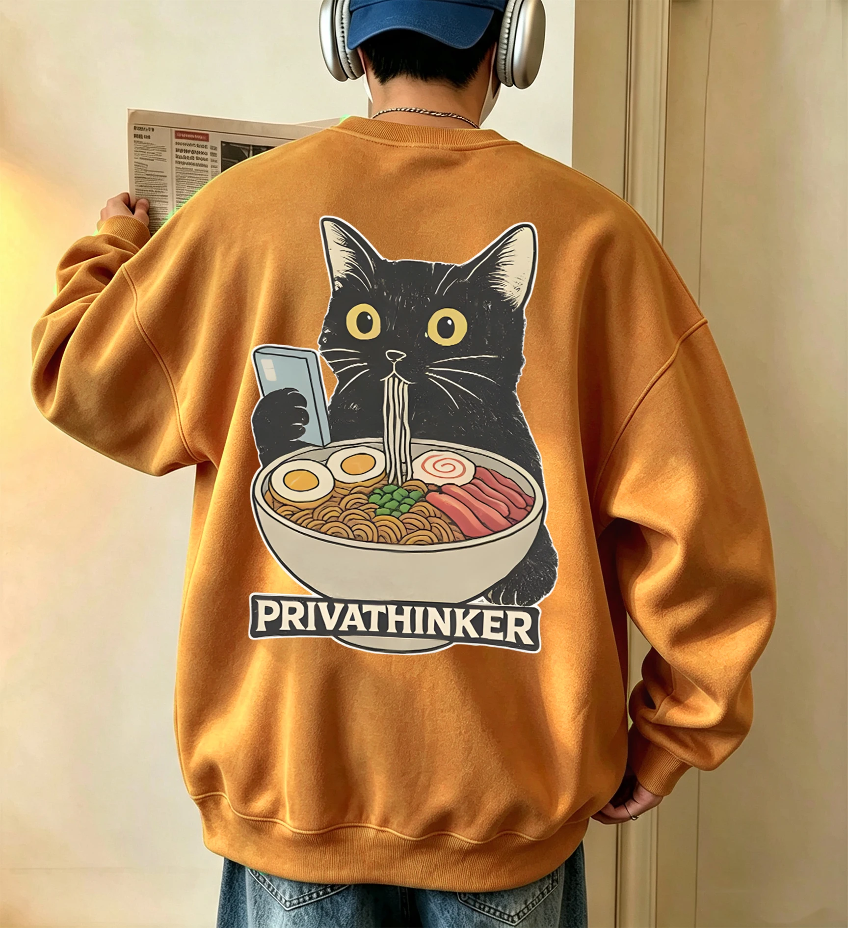 Cat Eat Noodles While Pla With Its Phone Print Men Autumn Sweatshirts O-Neck Fashion Hoodless Tops Fleece Sport Warm Clothes