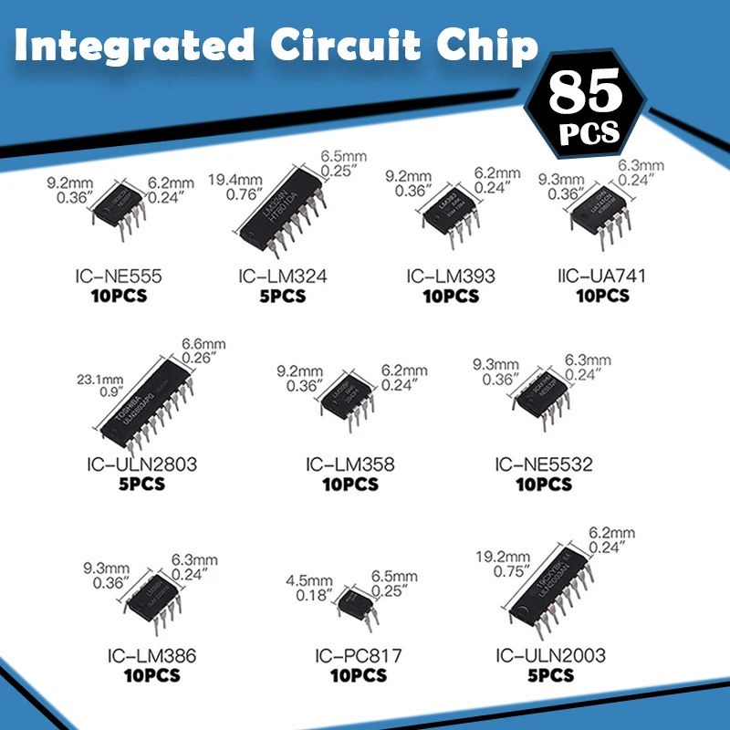 10 أنواع 85 قطعة من المواصفات IC NE555 LM324 PC817 مجموعة شرائح الدوائر المتكاملة DIP الإدراج المباشر