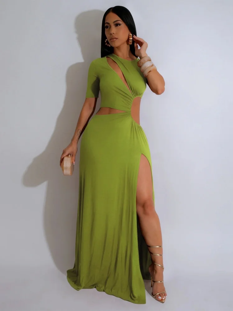 

Wmstar 2025 новое женское модное элегантное платье сексуальное с низкой талией нерегулярное длинное платье однотонное платье с разрезом однотонное с коротким рукавом