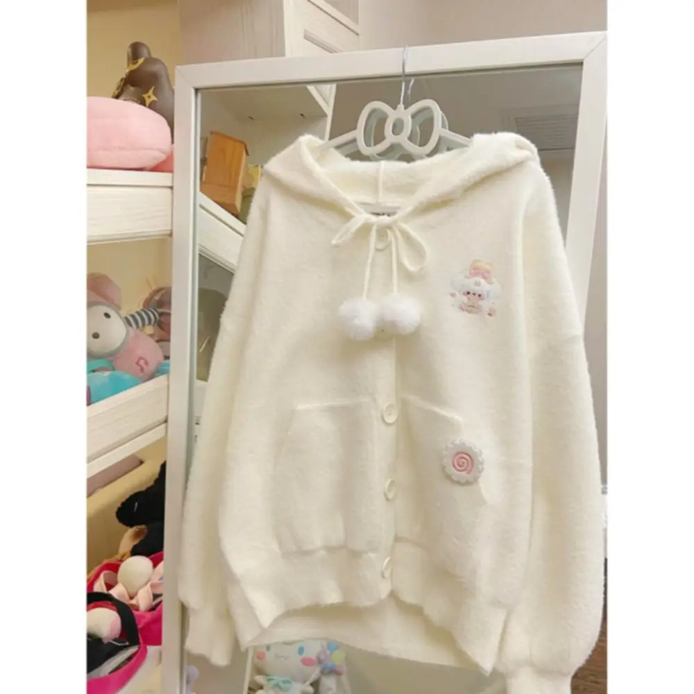 

Japan Autumn And Winter Furry Lazy Ear Cardigan Knitted Sweater Loose Hooded Soft Cute Sweet Coat