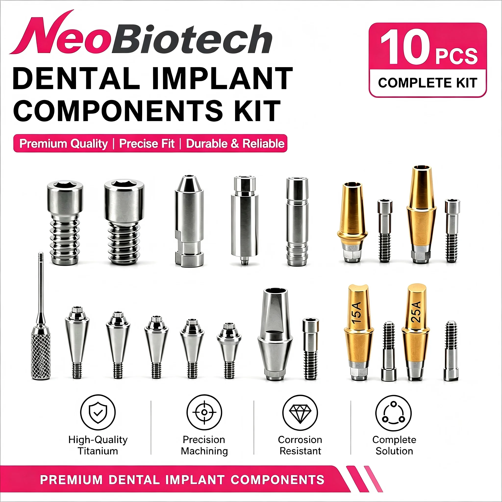 10Pcs NeoBiotech MUA Kit, Straight/Angled Abutment, Scanbody, Transfer Coping, Healing Screw for Implant Lab Work