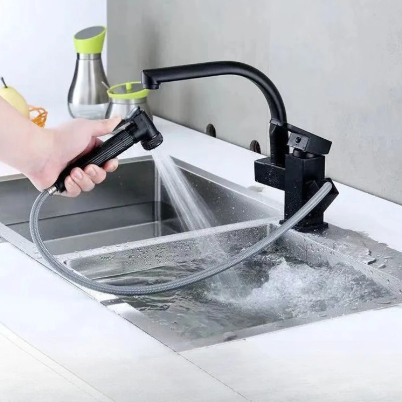 Kitchen Pull-out Multi-Function Faucet Rotatable Hot and Cold Pressurized Black Square Robot Faucet