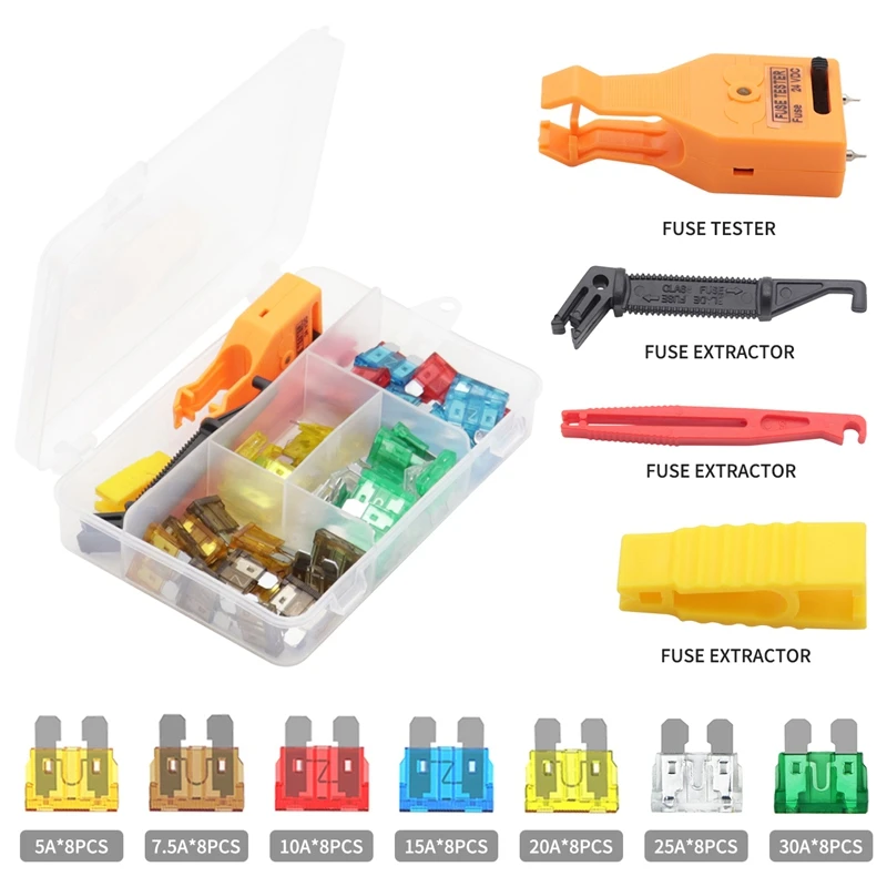 60PCS Car Fuse 5A 7.5A 10A 15A 20A 25A 30A Amplifier With Box Clip Combination Car Blade Fuse Set With Fuse Tester Tool