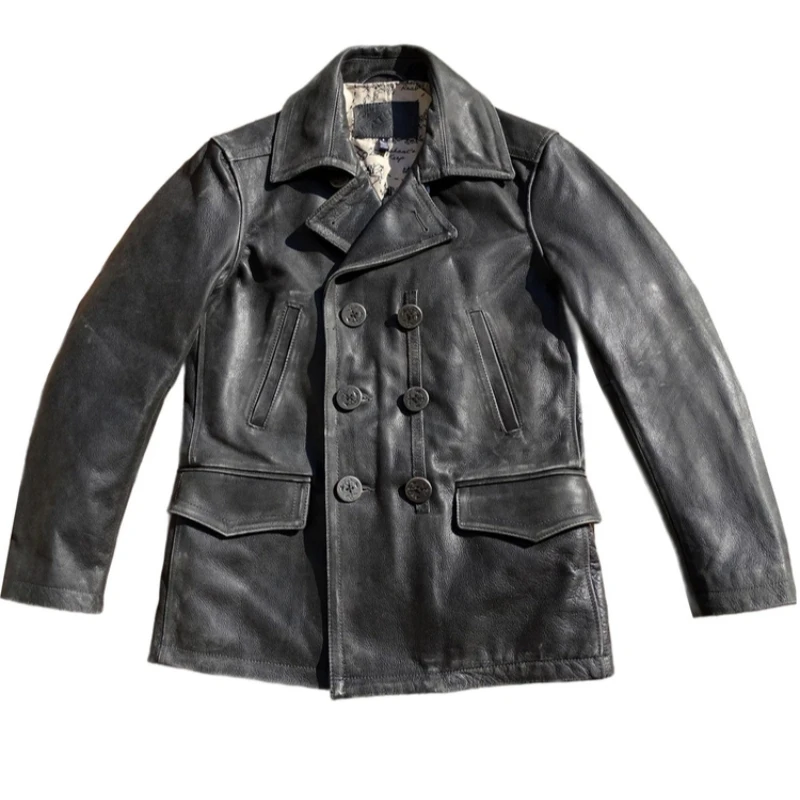 US Navy Submarine Commander's Double-Breasted Mid-Length Coat - American Retro Style, Imported Cracked Cowhide, Hand-Distressed