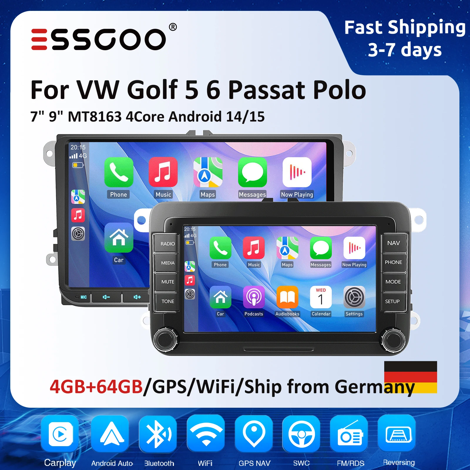 ESSGOO 7" 9" CarPlay Android 4GB Autoradio für Volkswagen VW Golf Passat JETTA Skoda SEAT Intelligentes Auto-System GPS Autoradio