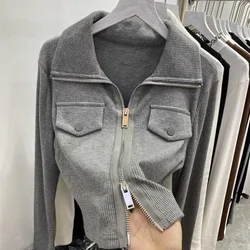 Harajuku Two Way Zipper Lapel Sweater Girl Sexy Slim Crop Top Thread Cotton Solid Jacket Coat Autumn Streetwear Varsity Lady Y2K