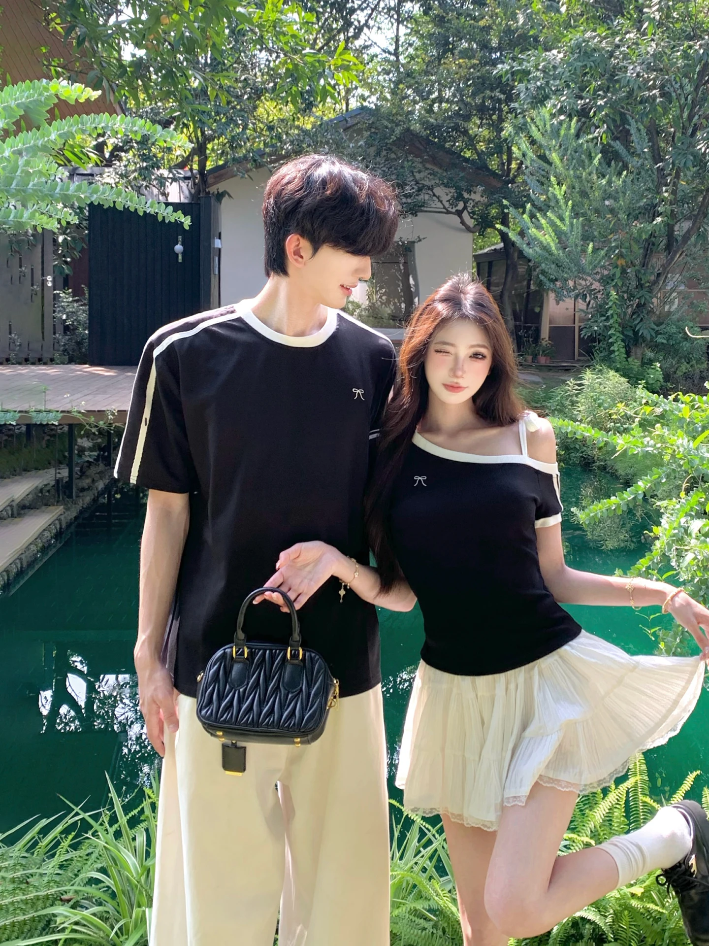 Retro American Short Sleeve T-Shirt Couple's Set Summer Slant Shoulder Tie Band Slim Fit Top Short Skirt Set for Men And Women