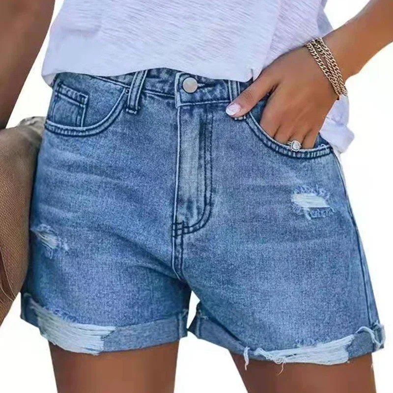 Factory direct sales women\'s summer shorts loose straight cylinder wide leg roll edge worn blue black cotton for women