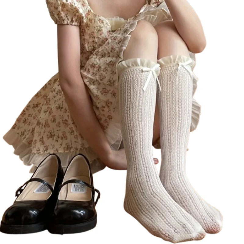 1 Pair Women's Vintage Lace Mid-Calf Mary Jane Socks – Striped, Breathable Cut-Out Design with Bow Detail