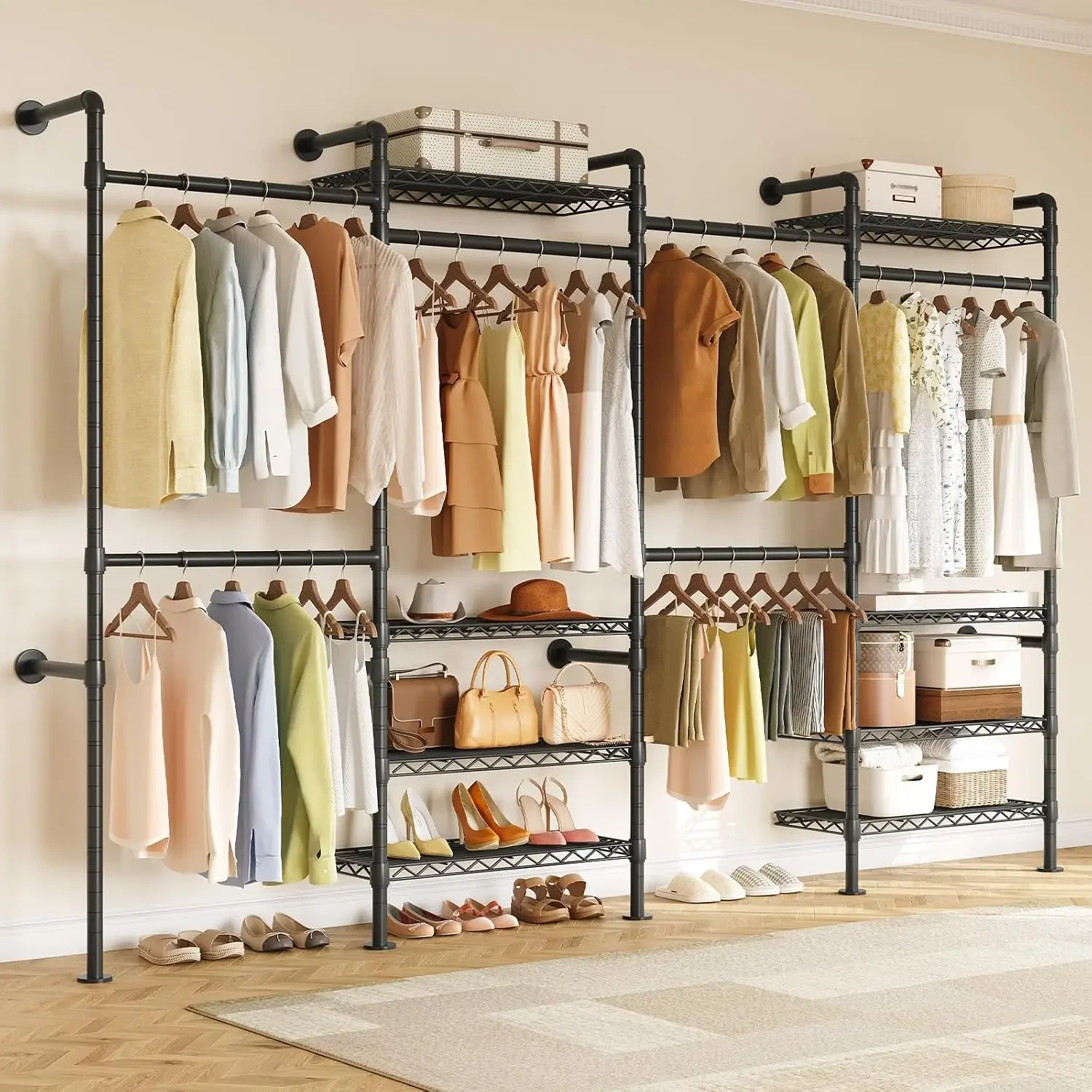 H4 Wall Mounted Closet System, Expandable Industrial Pipe Clothes Rack Clothing Rack for Hanging Clothes, Heavy Duty Closet
