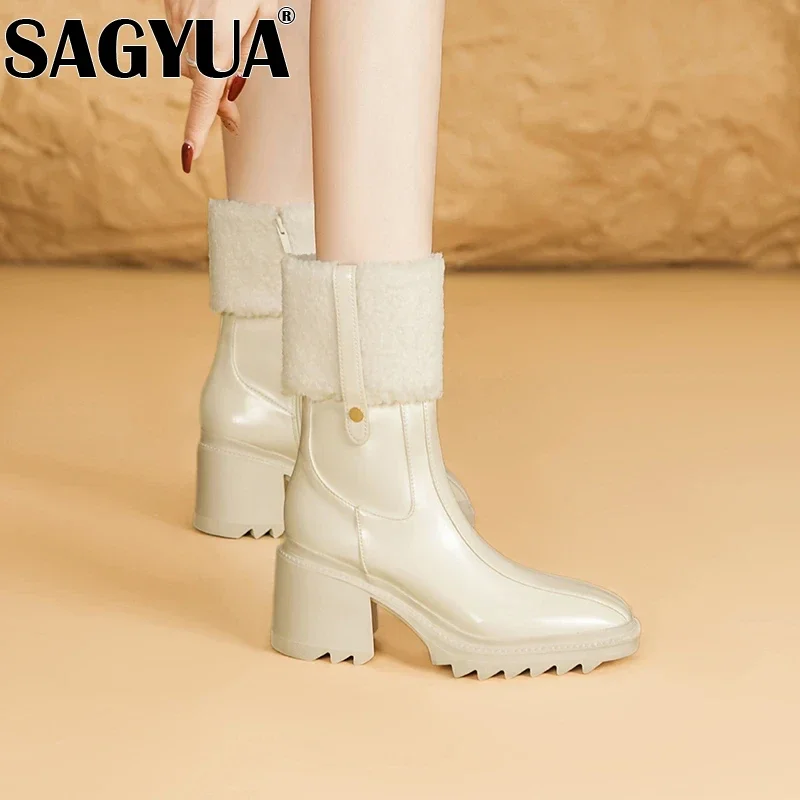 Fur Warm Women Shoes High Heel Snow Ankle Boots Square Toe Chelsea Winter Plush Boots Woman 2025 Trend Elegant Pumps Botas Mujer