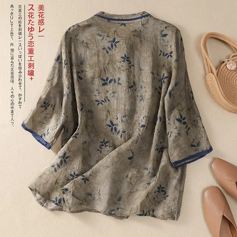 Women Casual Shirts New Arrival 2024 Summer Vintage Style O-neck Floral Print Loose Female Half Sleeve Tops Shirts B3755