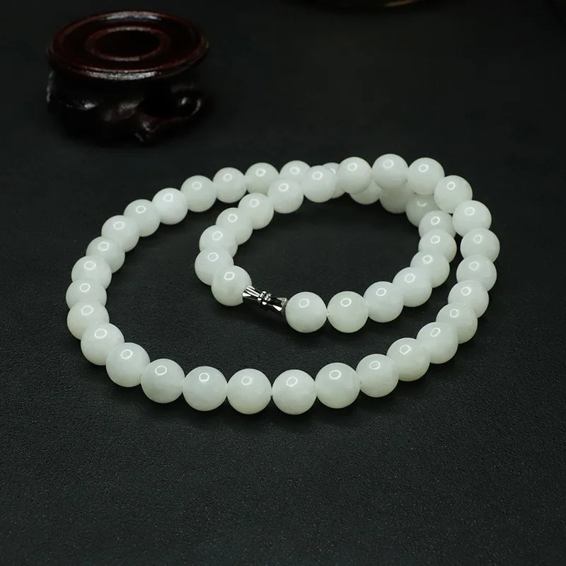

Natural Hetian White Round Jade Necklace Buddha Bead Hanging Chain Fashionable Versatile