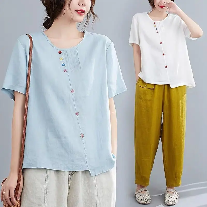 Cotton Linen Summer Blouses Woman Elegant Blouse Top Female Vintage Clothing Short sleeve Casual Tee Shirt Ladies 2023