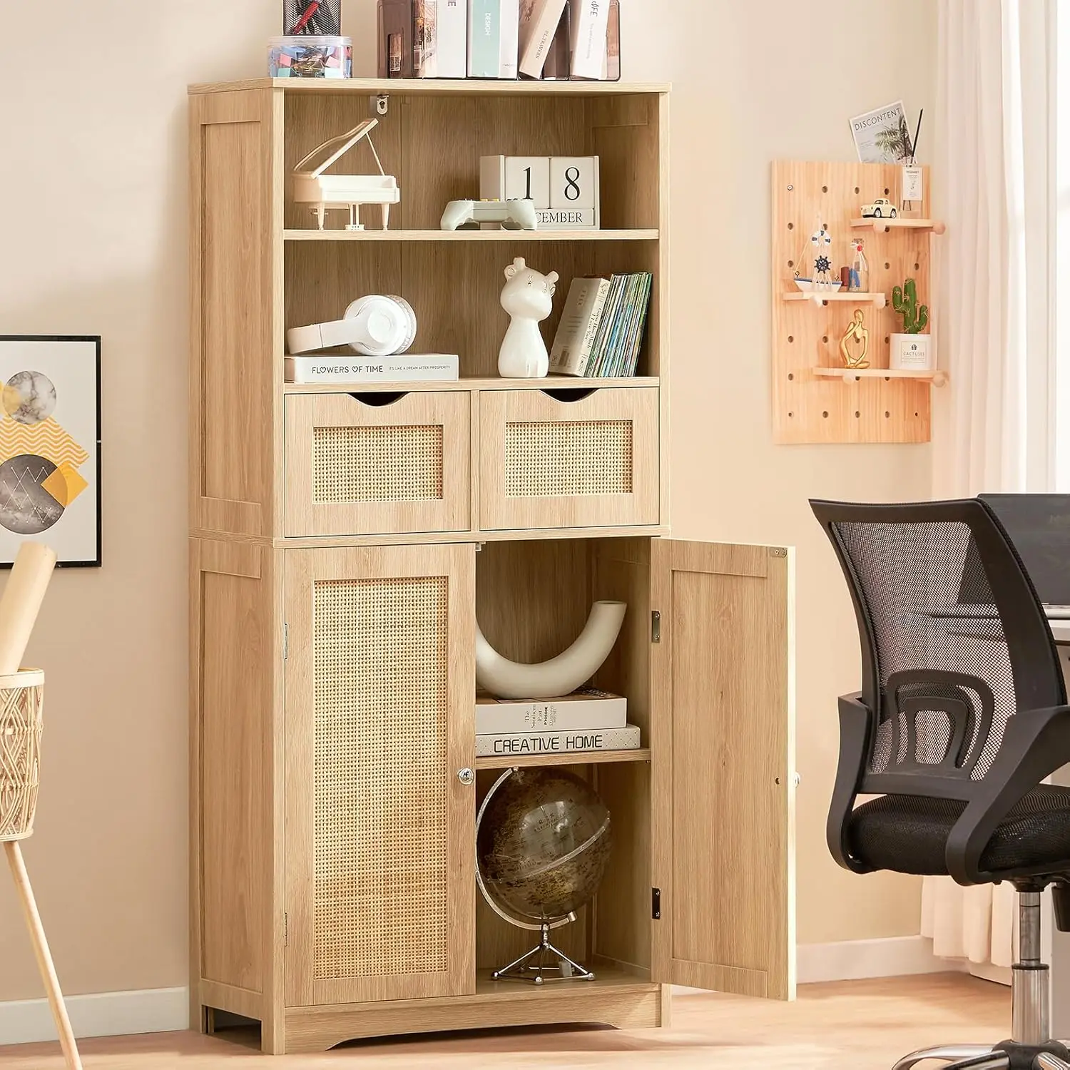 خزانة تخزين طويلة، خزانة الروطان مع درجين ورف قابل للتعديل، كابينة تخزين مخزن المطبخ، خزانة المدخل لـ Li #5