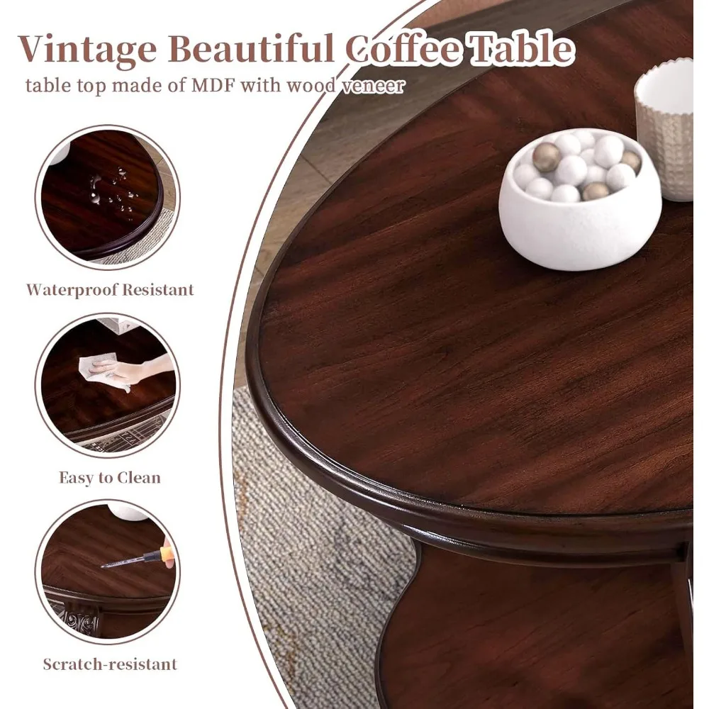 Farmhouse Style Oval and Round Coffee Table Set with Storage Shelf for Living Room, Antique Elegant Design