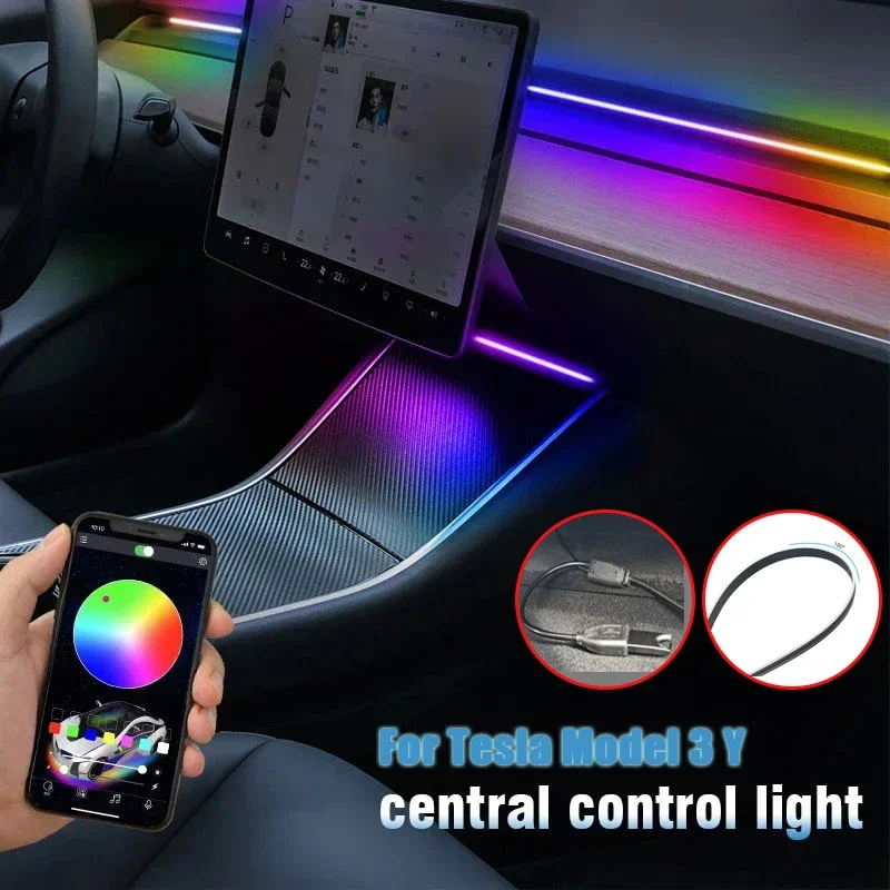 For Tesla Model 3 Y 64Colors RGB Neon LED Center Console Dashboard Wireless Charging Light Ambient Lamp USB Power APP Controller