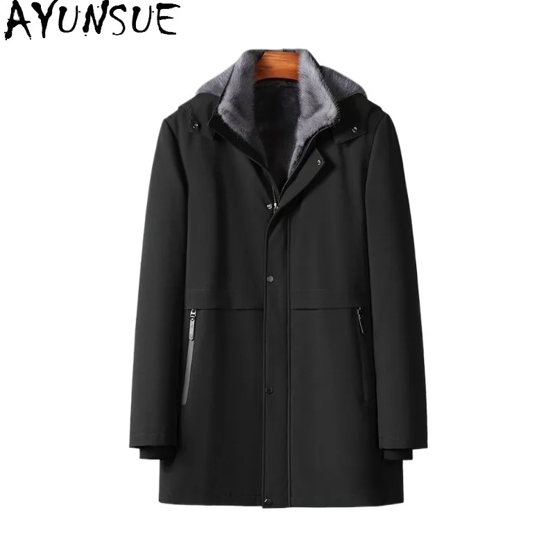 AYUNSUE High-end Natural Fur Coat Men Warm Parkas 2026 Winter Luxury Whole Mink Fur Liner Jacket Hooded Outerwears chaquetas