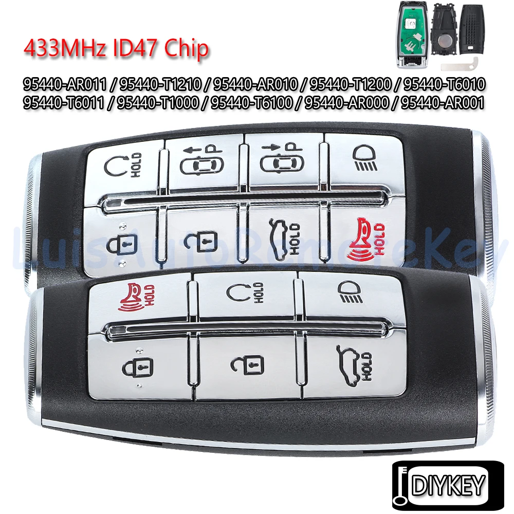 6 / 8 Buttons Smart Remote Car Key Fob 433MHz ID47 Chip Replacement for GENESIS GV70 GV80 G80 2021 2022 2023 2024 2025