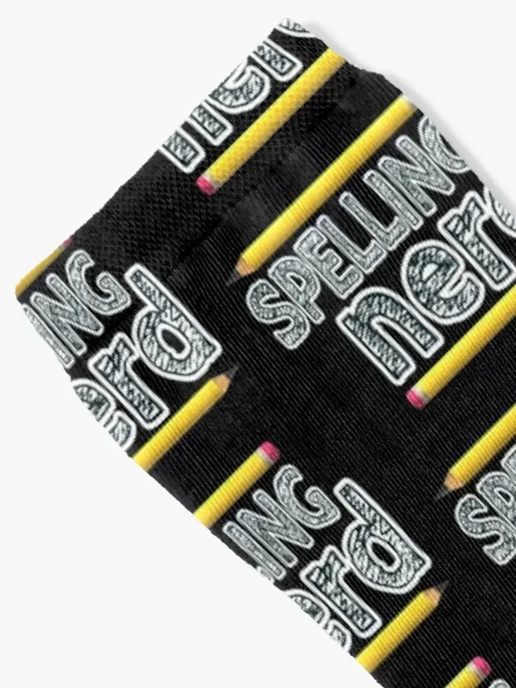 Spelling Nerd. Funny Statement for Proud Proper Spelling Lovers. Yellow Pencils with Black Letters. (Black Background) Socks