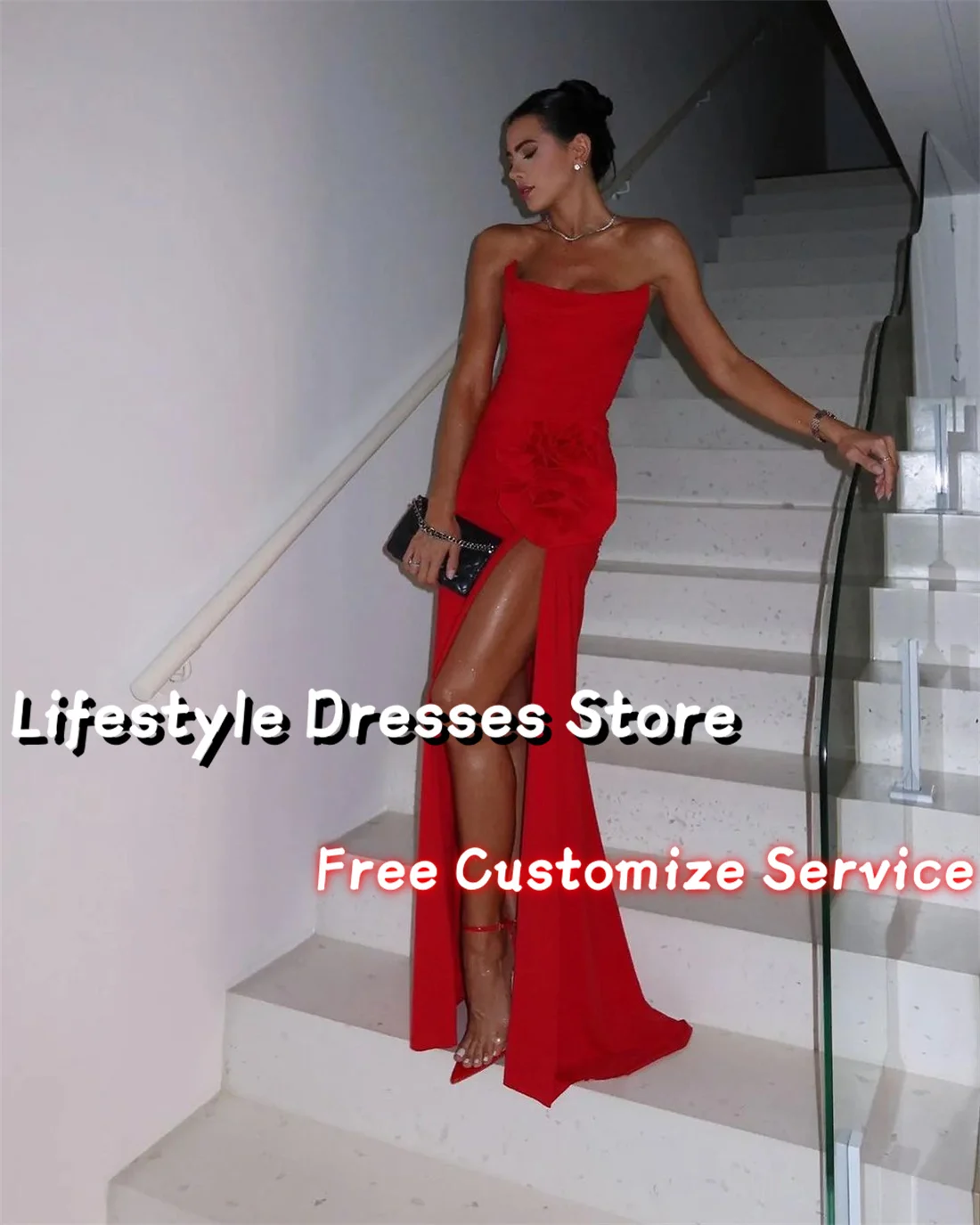 Customized Red Chiffon Flowers Evening Dresses High Slit Sleeveless Vintage Long Prom Dresses Wedding Formal Party Gown