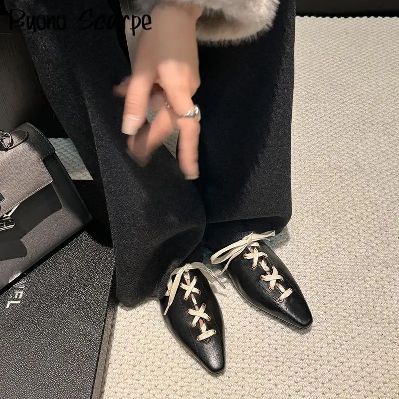 Genuine Leather Pointed Toe Cross Tie Women Pumps Solid Color Low Heels Lace Up Shallow New Fashion Western Casual Classic Shoes