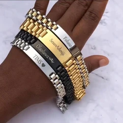 Gold Stainless Steel Mens ID Bracelets Free Engraving Laser Name Date Customize Gift 10mm Men's Watch Chain Father's Day Gift