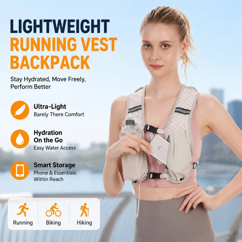 Multi-pocket Lightweight Breathable Sports Vest Reflective Running Cycling Waistcoat with Water Bottle Phone Storage Bag