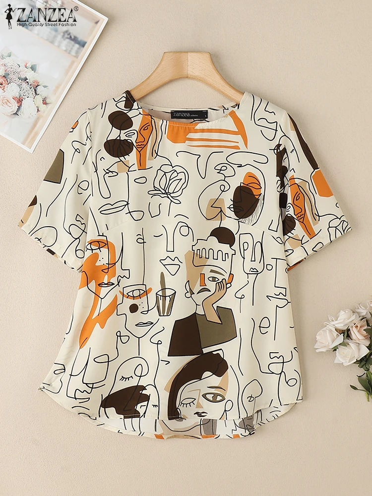 ZANZEA Casual Half Sleeve Blouses Women Fashion Abstract-Face Print O Neck Blusas Mujer 2025 Summer Daily Wear T-shirts