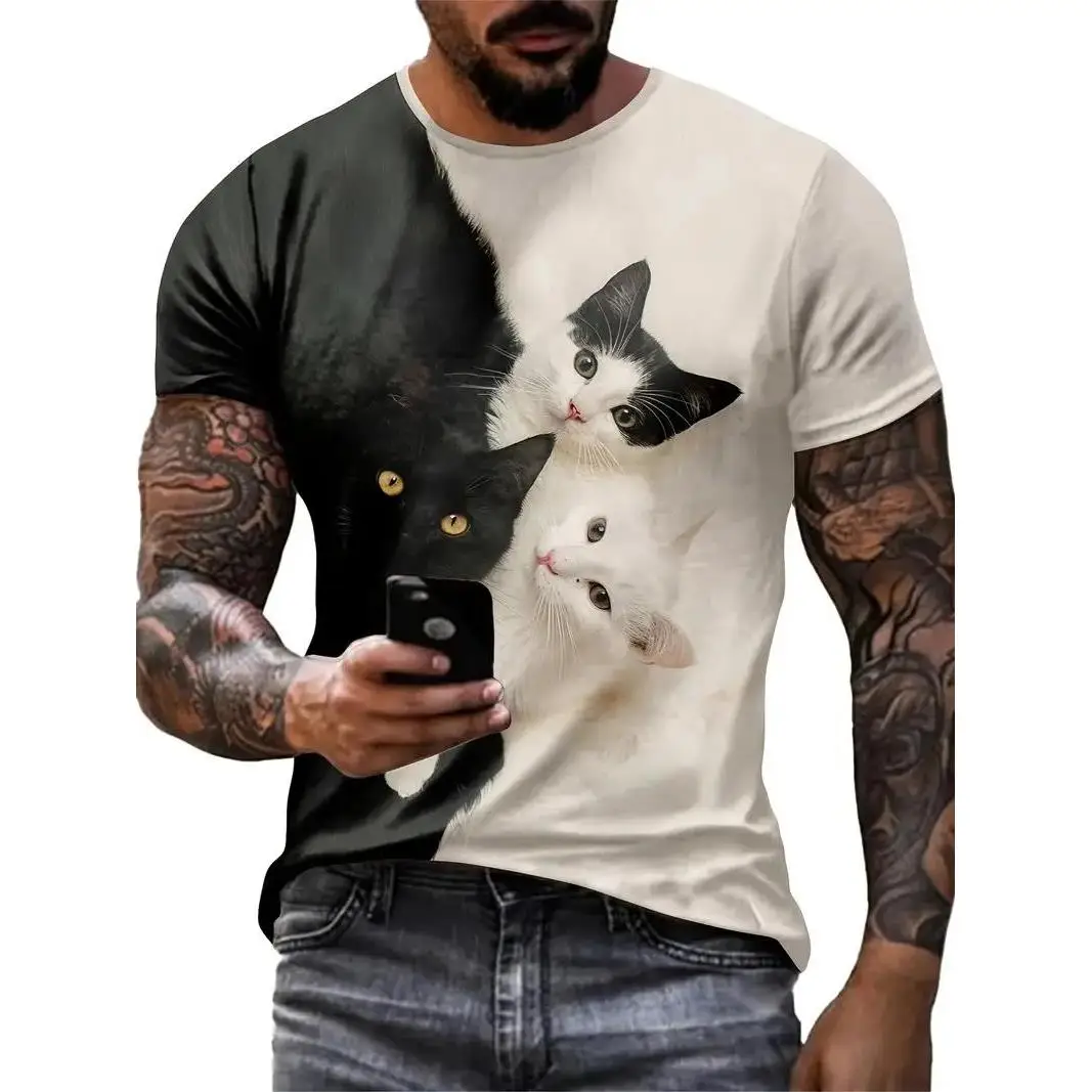 

Men's T Shirt 3d Contrast Color Cute Cat Pattern T-Shirt Crew Neck Short Sleeve Outdoors Oversized Clothing Leisurewear