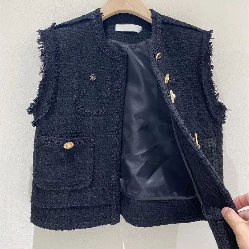 Autumn New Fashion Temperament Versatile Short Style Fragrant Wool Vest Jacket Women Black Waistcoat