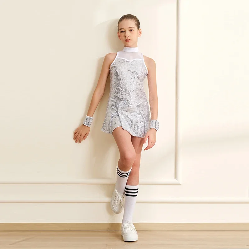 Girls Mock Neck Sequins Dance Dress with Chest Mesh and Water-drop Hollow Back  Sparkle Sleeveless Top and Shorts Suit