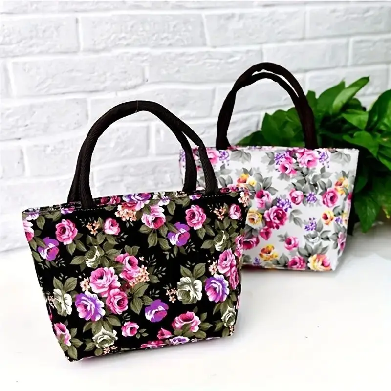 Mini Floral Print Handbag,Flower Embroidery Canvas Tote Bag, Ethnic Style Shoulder Bag, Large Capacity Handbag For Women