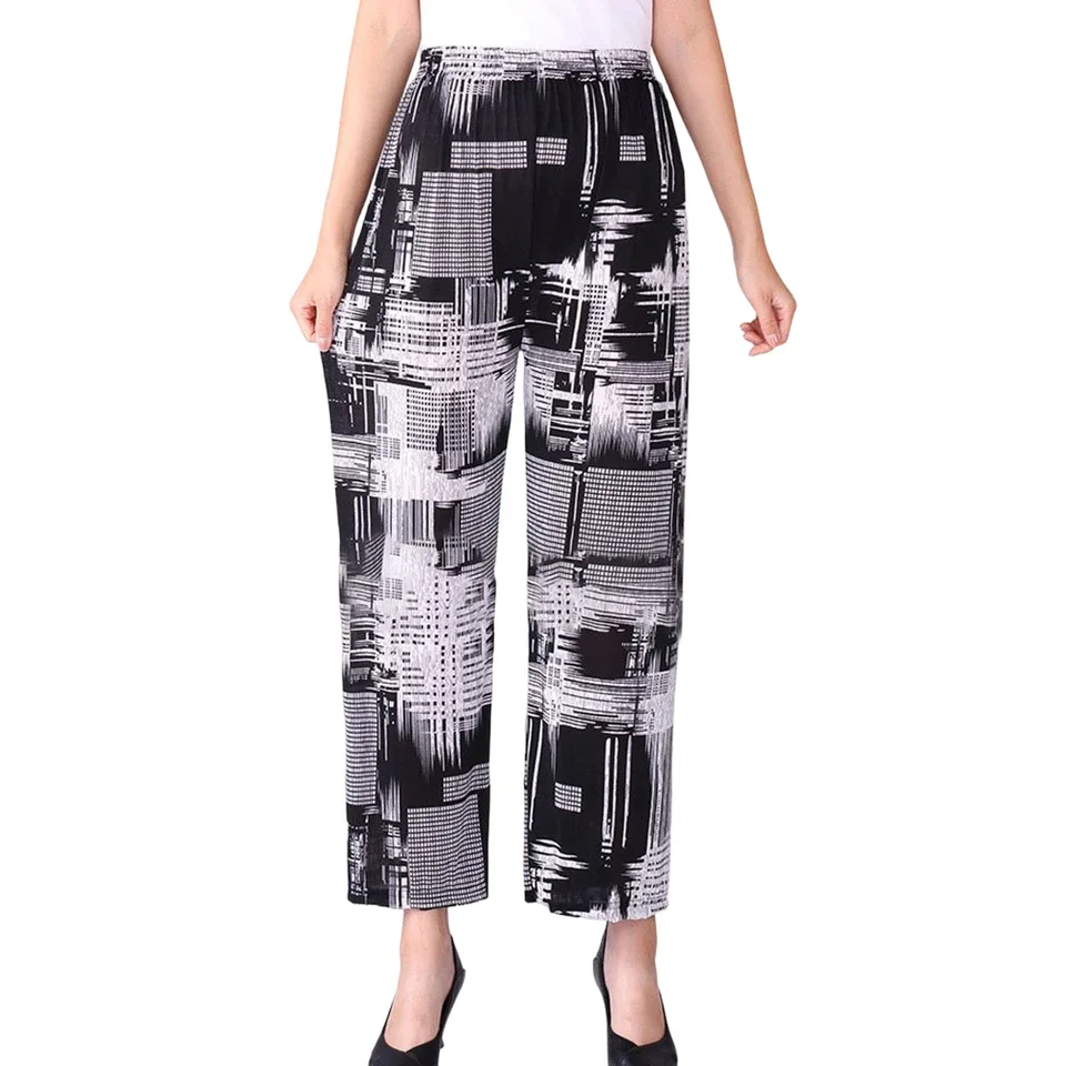Printed Womens Ice Silk Harem Pants Elastic Waist Loose Cropped Straight Trousers for Summer and Year Round Use